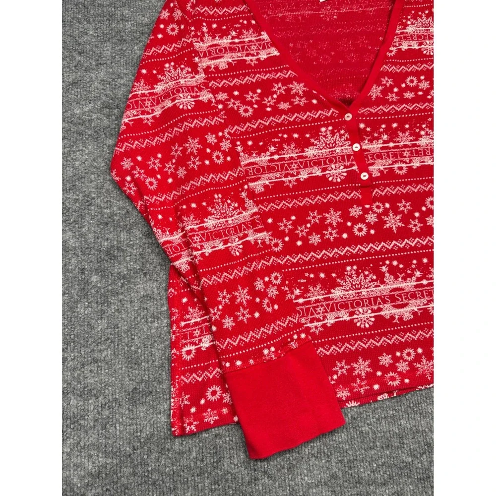 Victoria's Secret Red Snowflake Thermal Henley Top‎ Womens Large Holiday